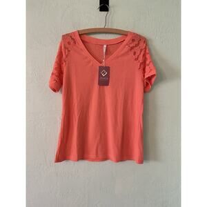 Jouica Women's Peach Medium Short Sleeve Casual V Neck Lace Sleeves